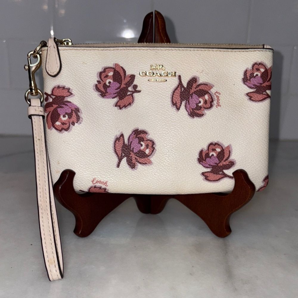 Coach Wristlet Bag Purse Floral Cross Grain Leather Pink Clutch Pouch Wallet